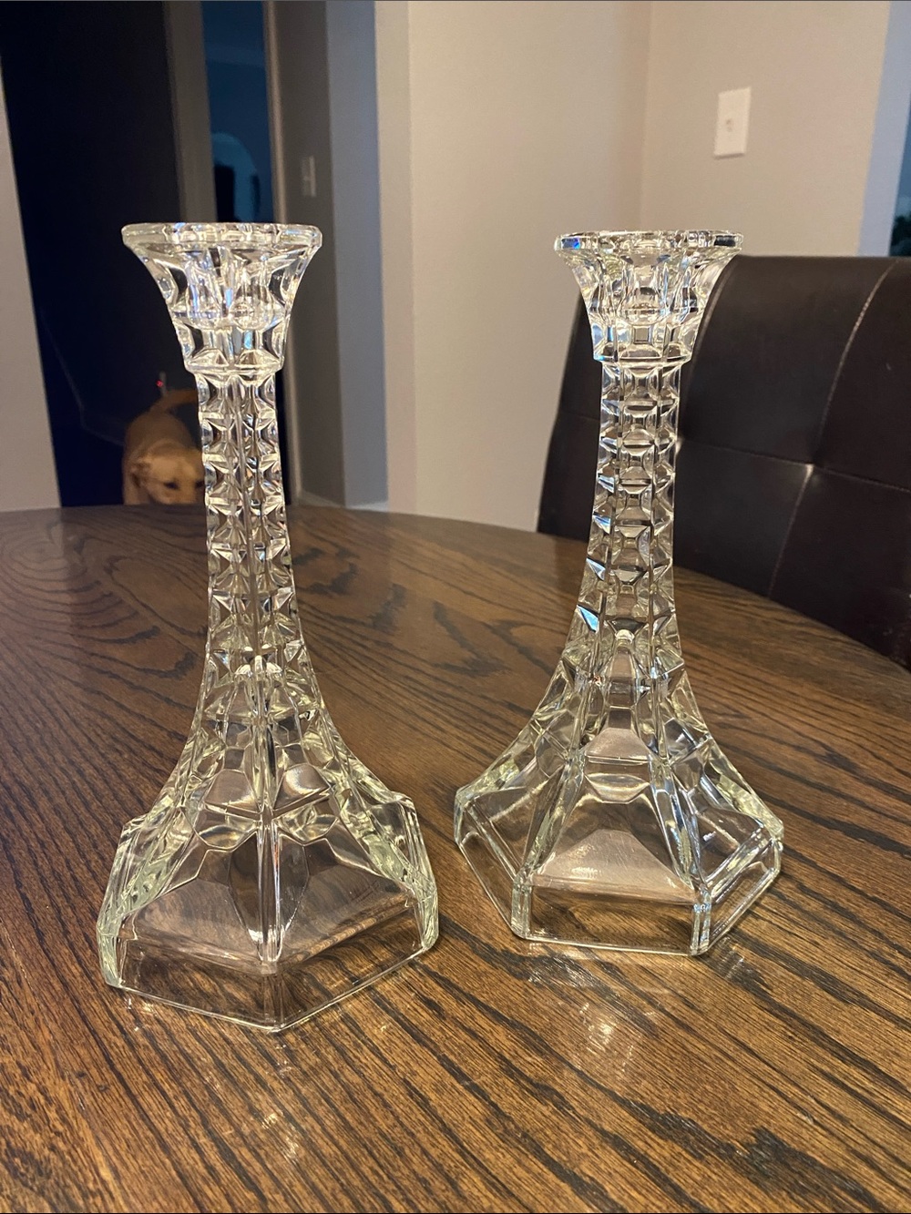 Clear Glass cut decorative Candlesticks. Set of two, excellent condition.